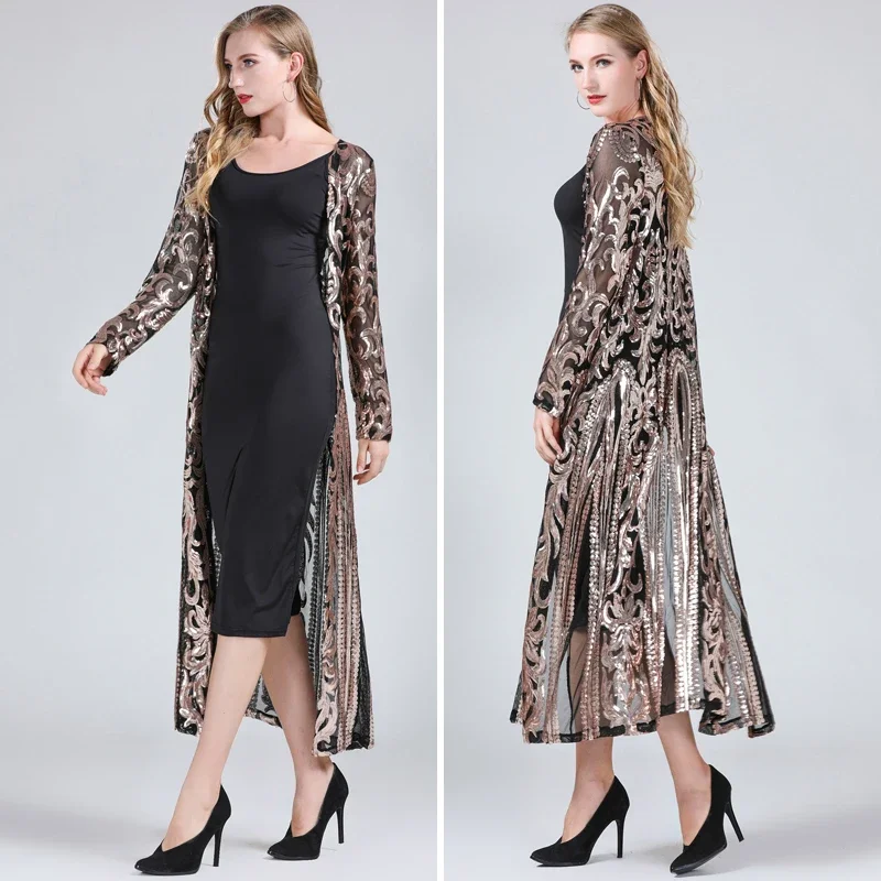 Women Sexy Long Sequin Open Front Mesh Cardigan Embroidery Long Sleeve Blouse Cover Up Coat Evening Prom Party Tops