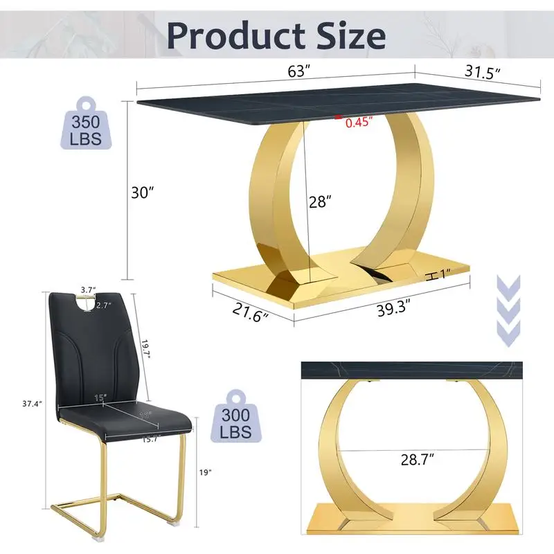طقم طاولة طعام من الحجر الملبد مع 6 كراسي فريدة من نوعها، بلوزة سوداء بأرجل معدنية ذهبية، 63 بوصة × 31.5
