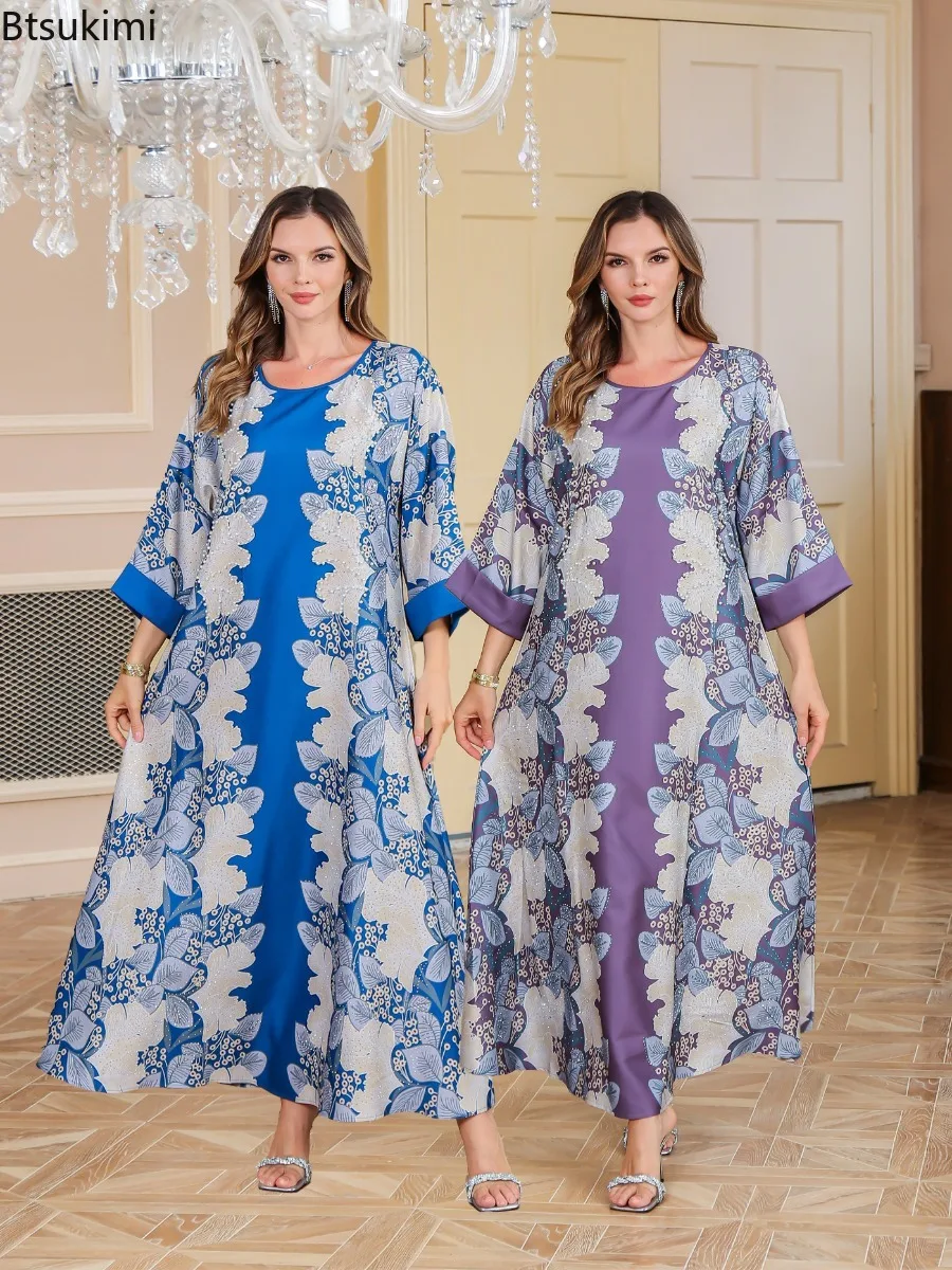 

Elegant Floral Print Maxi Dress Spring New Women's Loose Robe Eid Muslim Abayas Prayer Gown Dubai Islamic Clothing Vestidos Robe