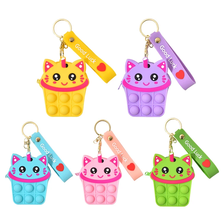 BPA-Free Cute Cat Silicone Coin Purse Mini Macaron Color Fidget Popper Push Bubble Bag Unisex Kids Squeeze Toy Decompression