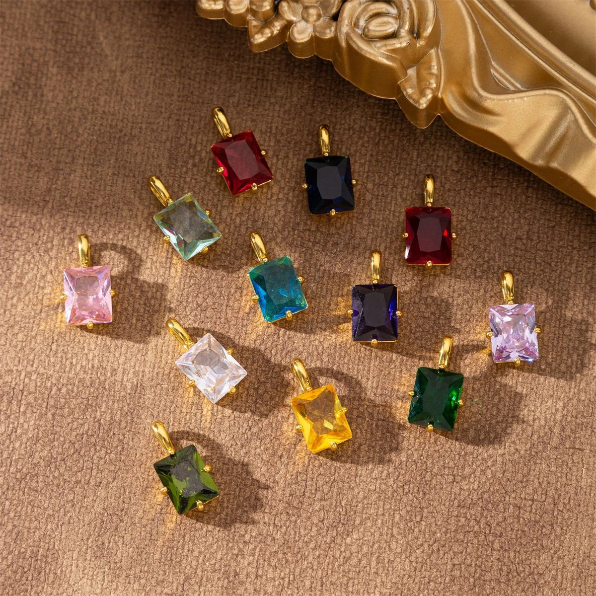 Birthstone Charms Emerald Cut Rectangular Zircon Pendant Prong Gold Plated for DIY Jewelry Making Necklace Bracelet Gift