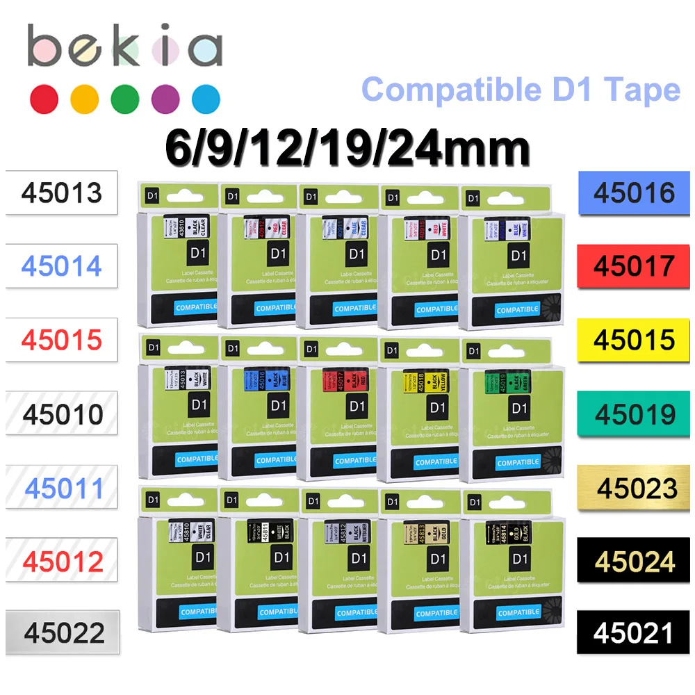 Cinta de etiquetado Compatible con Dymo D1, cinta de cartucho, 43613, 45013, 53713, 40913, para impresora Dymo D1 LabelManager, 6/9/12/19/24mm