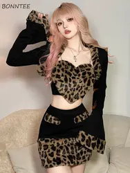 Skirts Sets Women Leopard Jackets Camisole Love Sexy All-match Patch Design Cool Fashion Vintage Spring Korean Style Ladies New