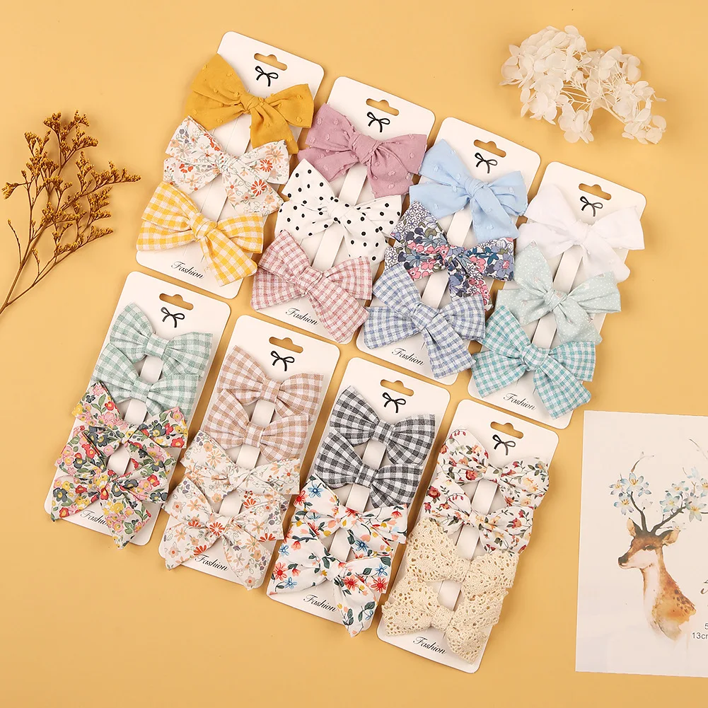 4Pcs/Set Solid Floral Print Bows Hairpins Hairclip for Kids Muslin Cotton Linen Barrette Flower Side Baby Girl Hair Accessories