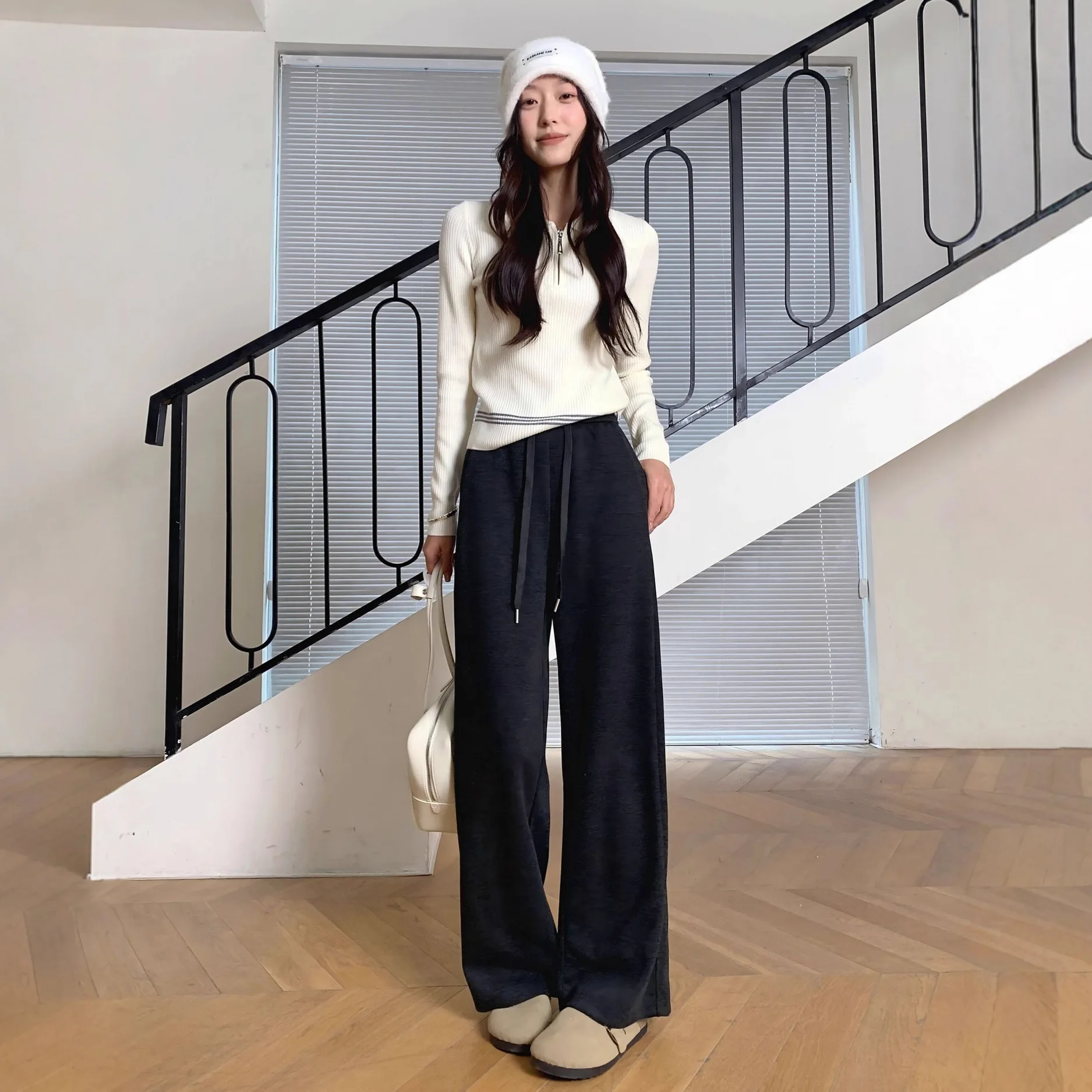 Black Gray Wool Pants 2025 Autumn and Winter Women's Wide-leg Pants Drape Glutinous Rice Straight Casual Pants
