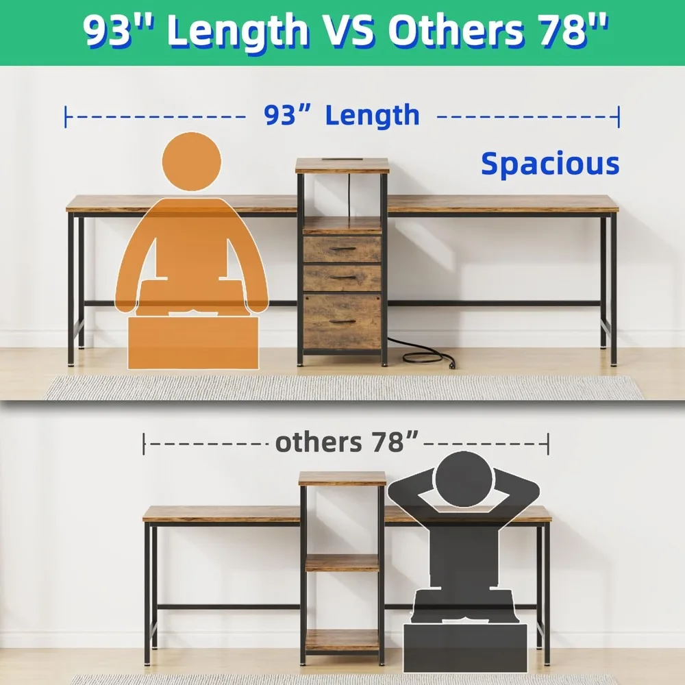 93 Escritorio de estación de trabajo para dos personas con puerto de carga, escritorio de oficina largo con 3 cajones de tela y soporte para impresora, computación compartida