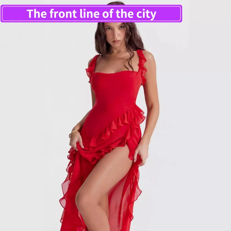 

Summer Slimming Strap Long Dr Sexy Par Slit High Waist No Sve Sweet And Spicy Sle Irregular Hem Zipper Closure