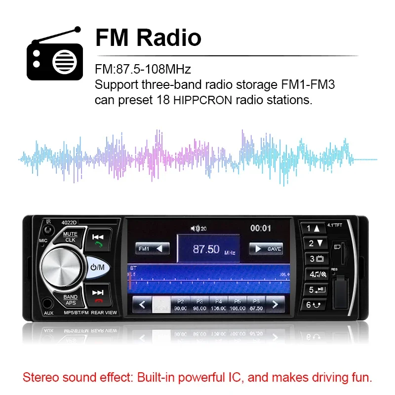 HIPPCRON 1DIN Autoradio Stereo 4,1 Zoll MP5 Bluetooth 5.0 FM USB-Player mit Unterstützung für Rückfahrkamera und Lenkradsteuerung ohne Touchfunktion – Detail 5