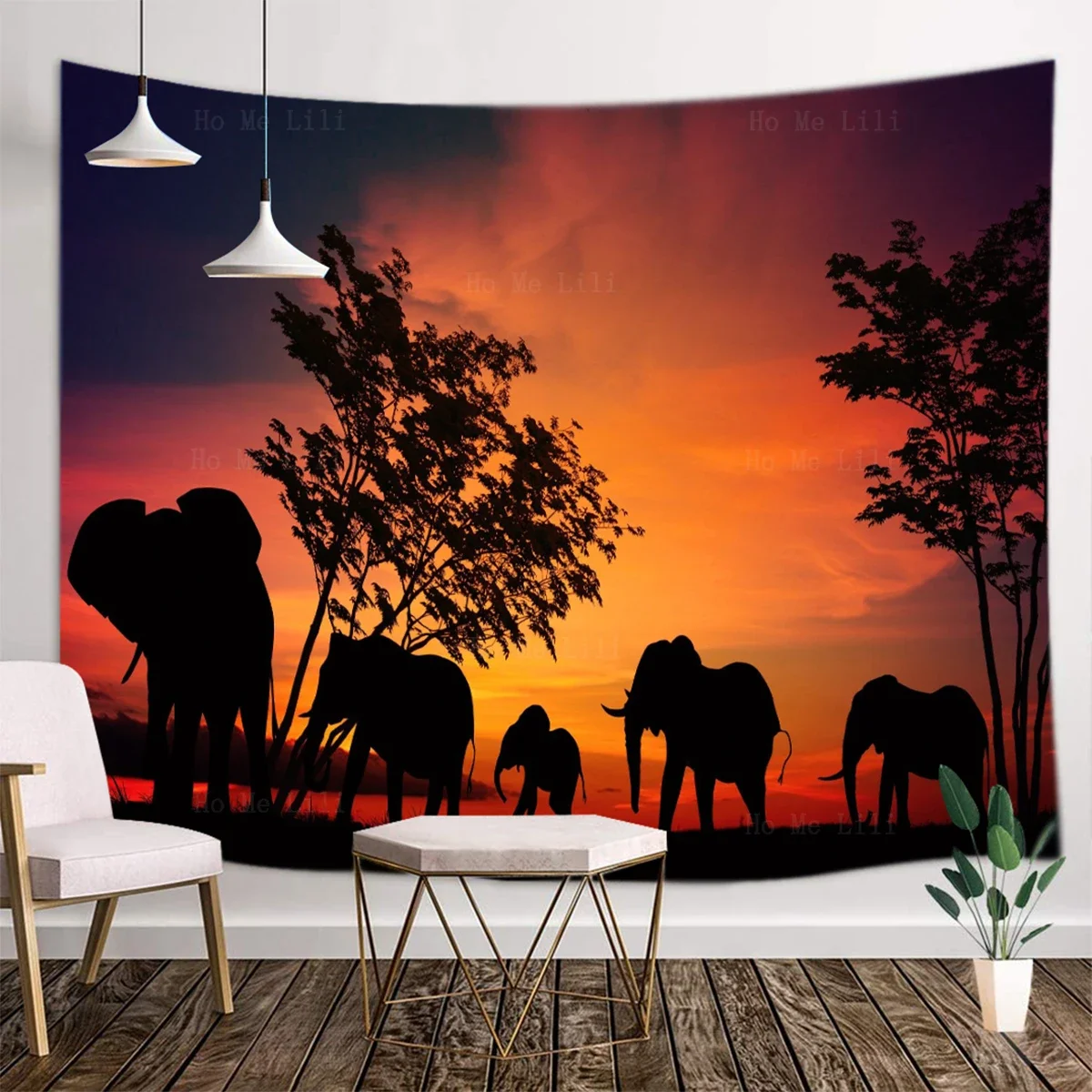 African Wildlife Great Migration Elephant Giraffe Rhinoceros Lingering Light Of The Setting Sun Tapestry By Ho Me Lili Decor