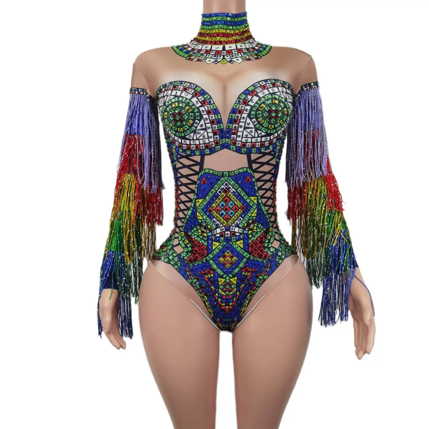 Sexy Multi-color Rhinestones Tassel Bodysuit Nightclub Dancer Party Stage Wear Pole Dance Fringe Crystal Leotard Costume Cizhuan