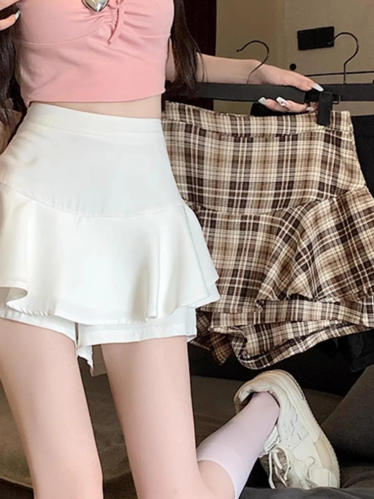 

American Retro Plaid Puffy Skirt High Waist Women's Summer New A-Line Skirt Anti-Light Small Size A-Line Skirt