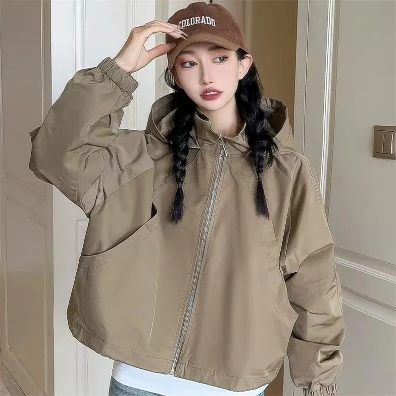 

Fashion Hooded Windbreaker Jacket Women Elegant Color Block Zipper Bomber Jacket 2025 New Autumn Casual Coat Outerwear