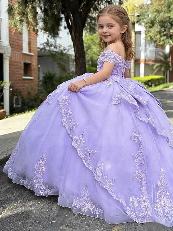 Flower Girl Dress Wedding and Birthday Layered Tulle Ball  with Lace Appliqué and Bow Beautiful First Communion Dress