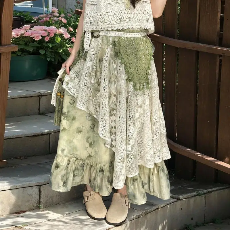 

New Fashion Irregular Midi Skirt Women Vintage Tie Dye Printed a-Line Elegant Lace Patchwork Summer Skirts Y2k Mori Girl