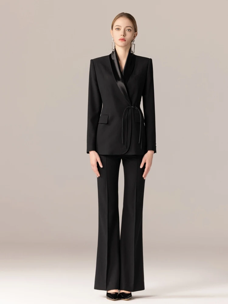 

Деловой женский костюм-двойка HanSuYu: черный, для офиса, с расклешенными брюками и пиджаком, элегантный, для руководителей