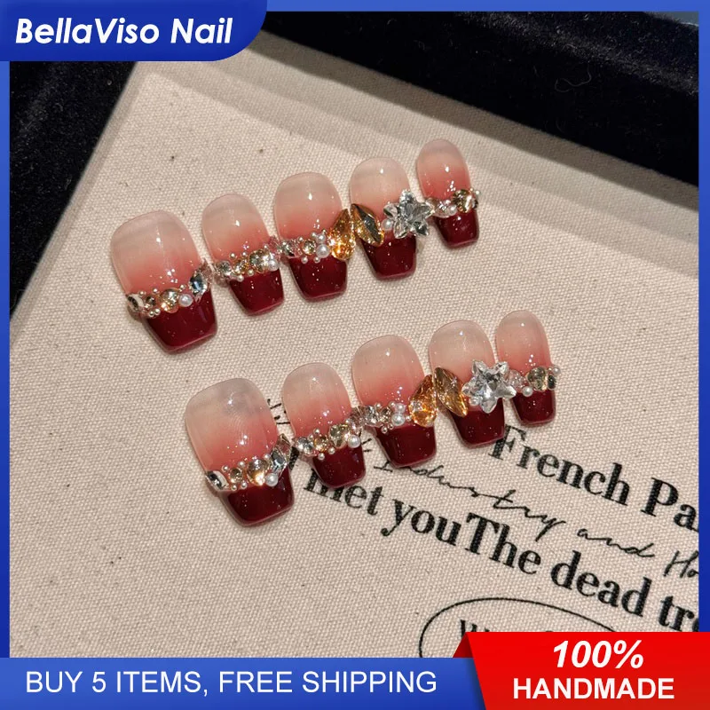 Happy Bridal | Luxury Red French Short Coffin Press On Nails Glittering Fake Nails 10pcs Handmade Rhinestone Wearable Nail Tips