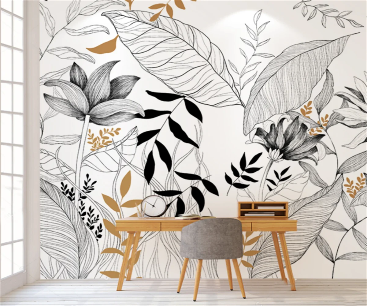 

Custom canvas material mural wallpaper Rainforest plants Black and white leaves Flower background Wall mural Home decoration