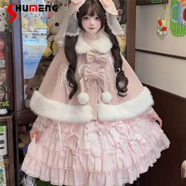 

Japanese Style Elegant Sweet Versatile Lolita Cloaks Fur Collar Bow Single-Breasted Warm Casual Cape Coats Women Winter Jackets