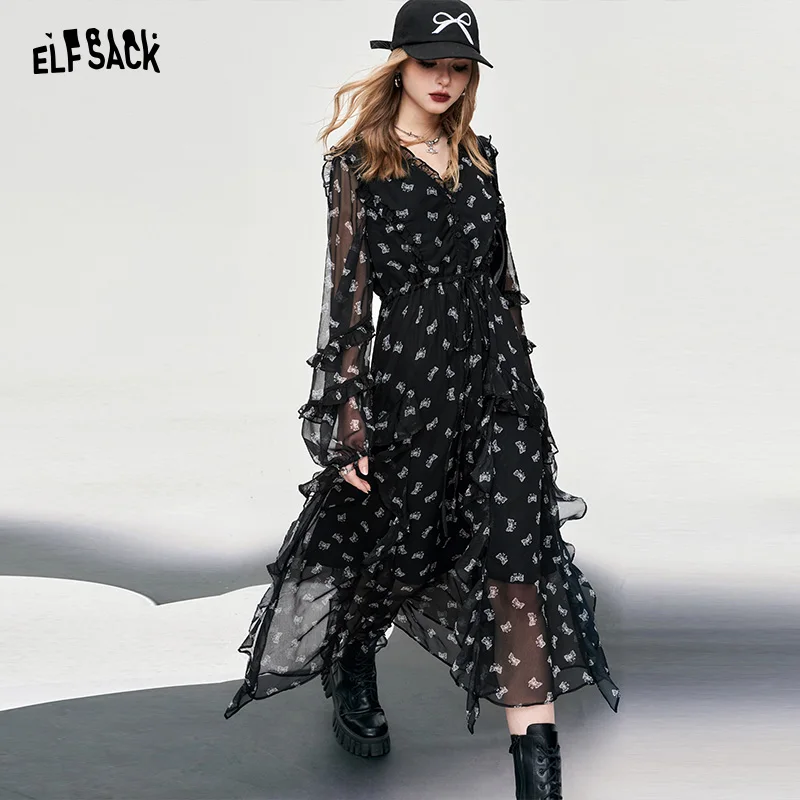 

ELFSACK French style bow ruffle sweet style chiffon dress 2024 spring new v-neck black floral printing thin soft long length fit