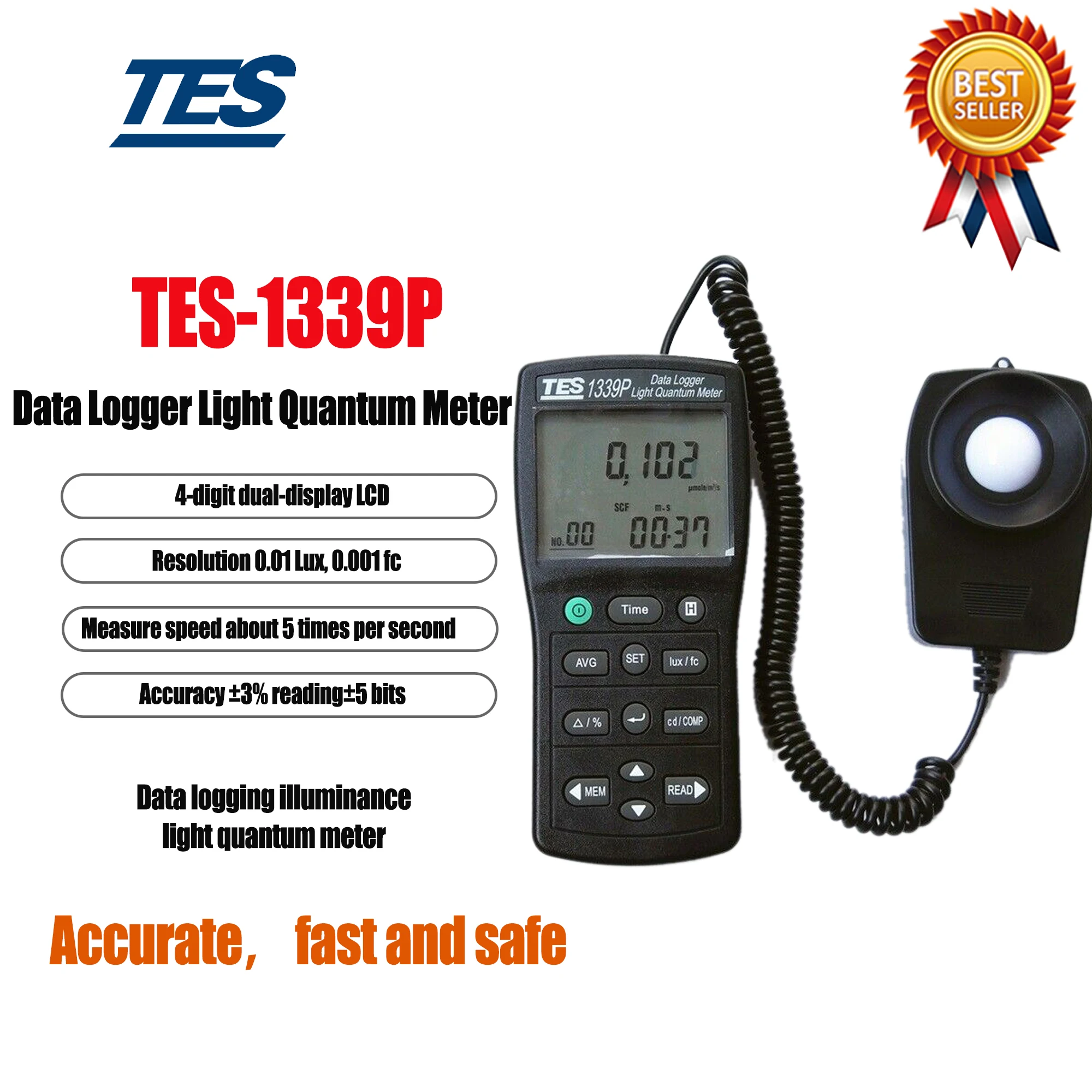 TES-1339P Luminous Intensity Measurement Photosynthesis Light Quabtum Meter Integral Illuminance Measurement.Time Hold Function.