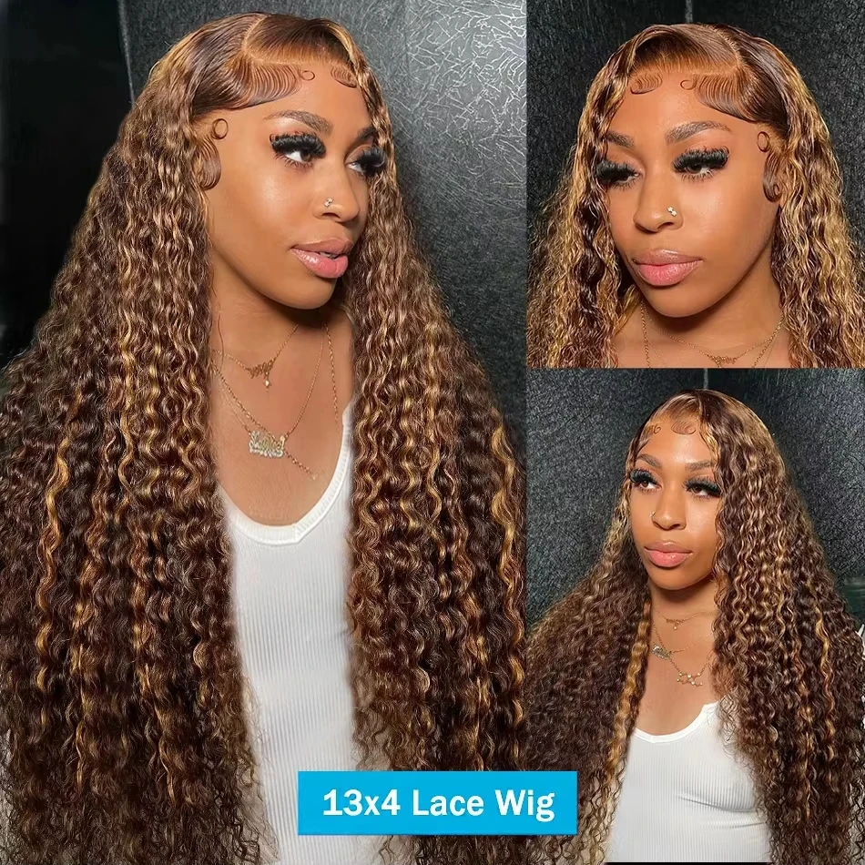 Perruque Lace Frontal Wig brésilienne bouclée, cheveux naturels, Deep Wave, 13x4, 13x6, Hd, à reflets, 4/27, pour femmes