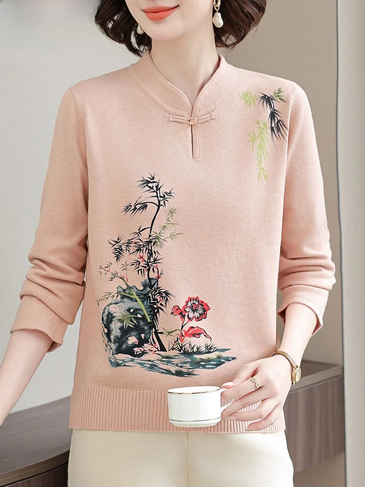 

Faionable Autumn Sweater Knitted Base Layer Top for Middle-Aged And ly Women Traditional Chinese Sle Mid-Length Knit...