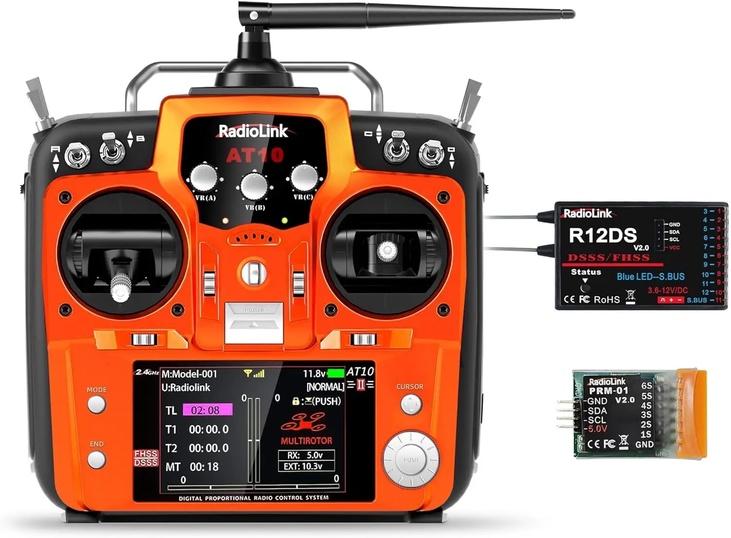 AT10II 12 Channels RC Transmitter and Receiver R12DS 2.4GHz Radio Remote, Voltage Telemetry for RC Airplane, FPV Racing Drone, Q