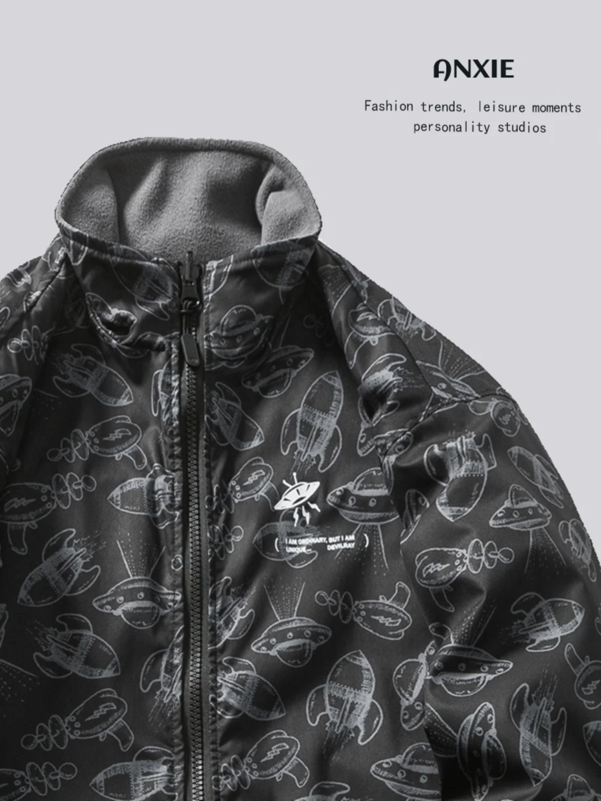 

ANXIE Double-Sided Wear Men's Loose Fce Jaet Trendy Brand Stand Collar Thiened Autumn Winter Outerwear