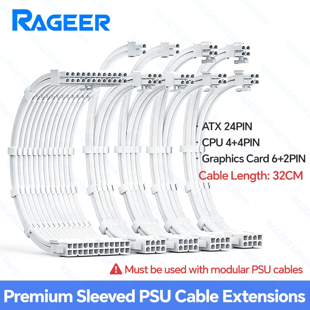 RAGEER PSU Extension Cable Kit Motherboard ATX 24Pin GPU PCI-E 6+2Pin 8Pin CPU EPS 4+4Pin 18AWG Power Cord Sleeved with Combs
