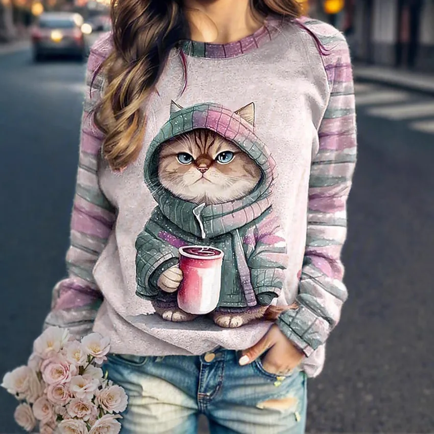 Women\'s round neck hoodie animal cat 3D printed shoulder style autumn and winter European and American T-shirt women\'s clothing