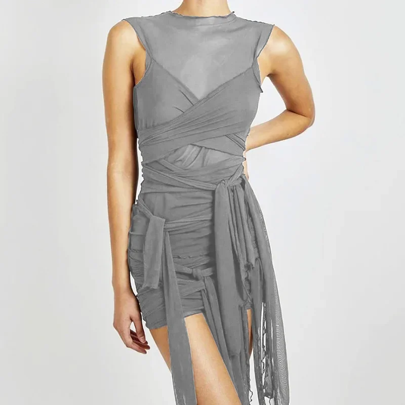 Bangniweigou Ribbon Wrap Up Draped Mesh See Through Bandage Dress Women  Mummy Tie Up Bodycon High Waist Short Brown Dresses - AliExpress
