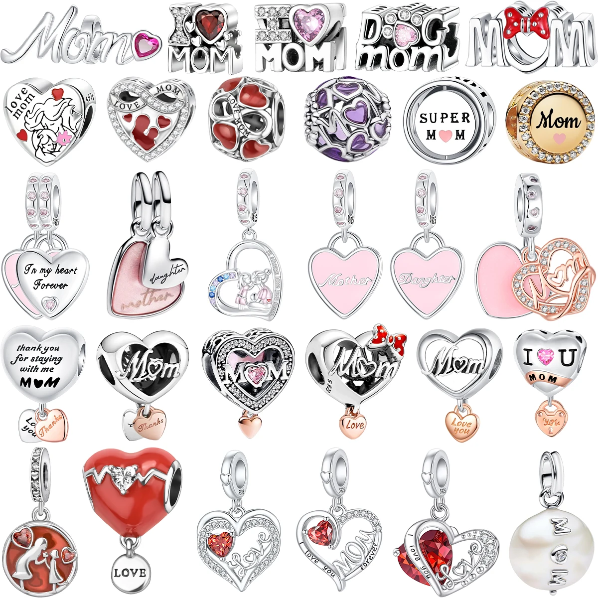 Dijes familiares de Plata de Ley 925 originales, cuentas de corazón y flor para mamá, collar, pulsera DIY, joyería, regalo para el día de la madre