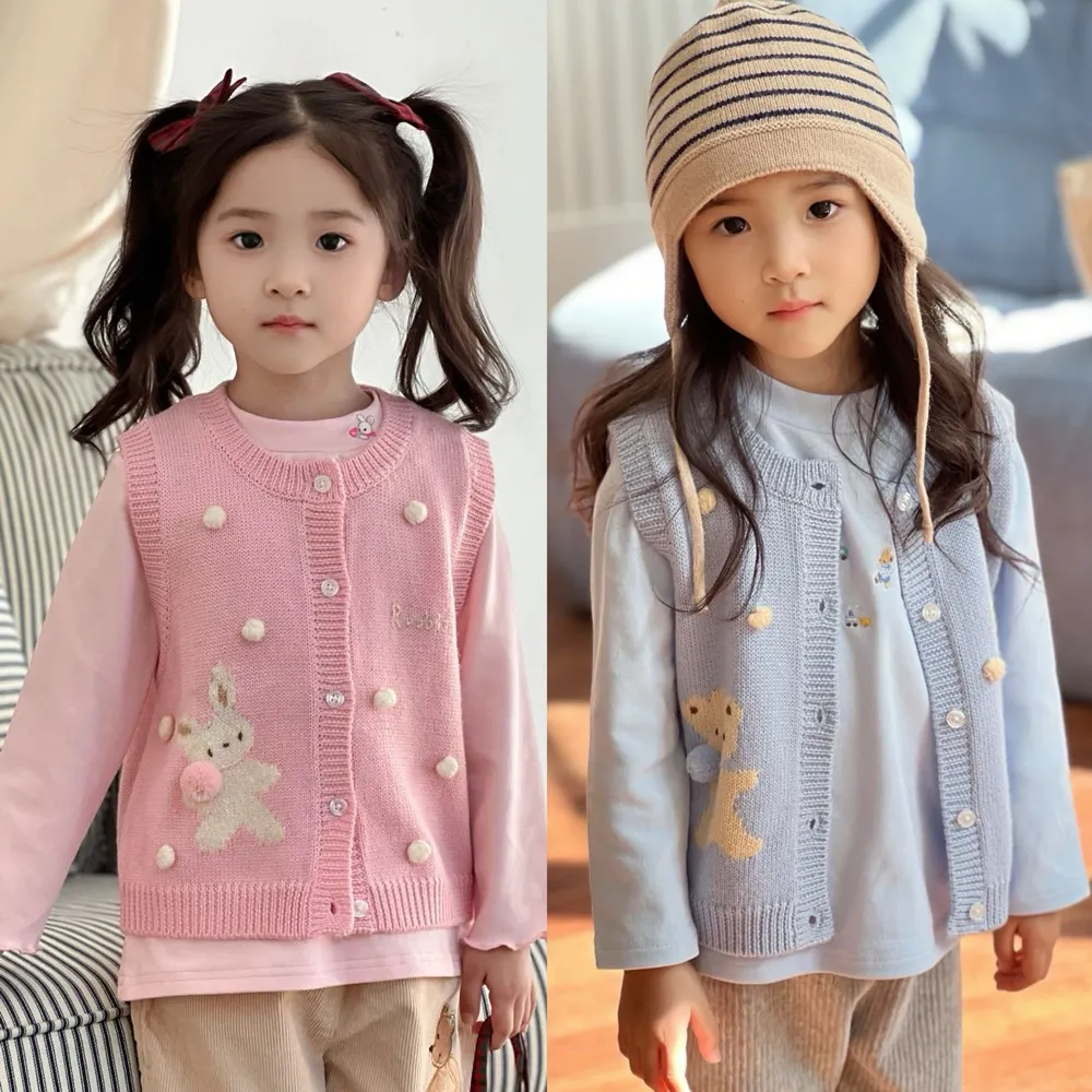 

baby sweaters kids girls clothes cotton Cartoon embroidery knitted vest Sweet pink and blue vests