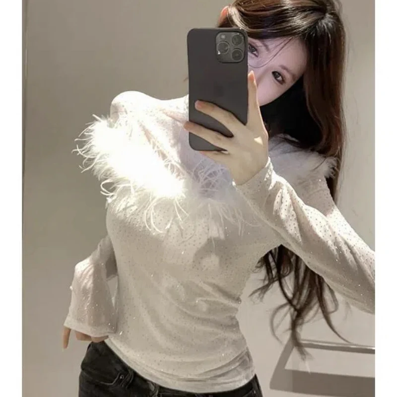 Blouses Women Elegant Sexy Long Sleeve Mesh Top Patchwork Feather Turtleneck Slim Spring Autumn Retro Korean Bottoming Shirt