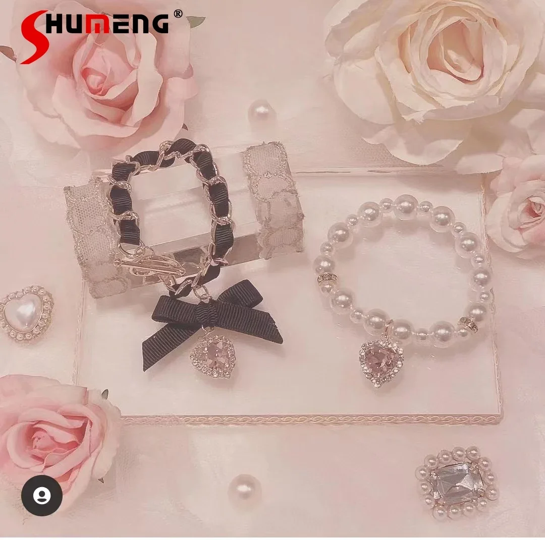 Japanese Lolita Sytle Women Accessories Sweet Ladies Mine Love Heart Bow Tie Rhinestone Pendant Cute Girl Two-Piece Bracelet