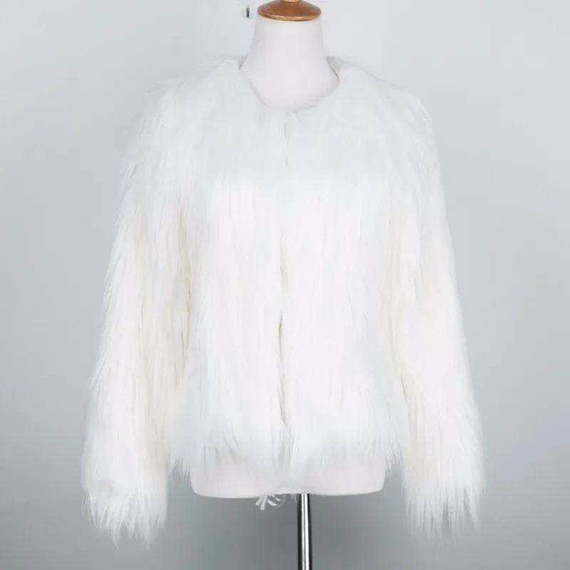 Casaco peludo branco para mulheres, roupas fofas, manga comprida quente, casaco feminino, casaco elegante, casaco peludo, 2XL, outono e inverno