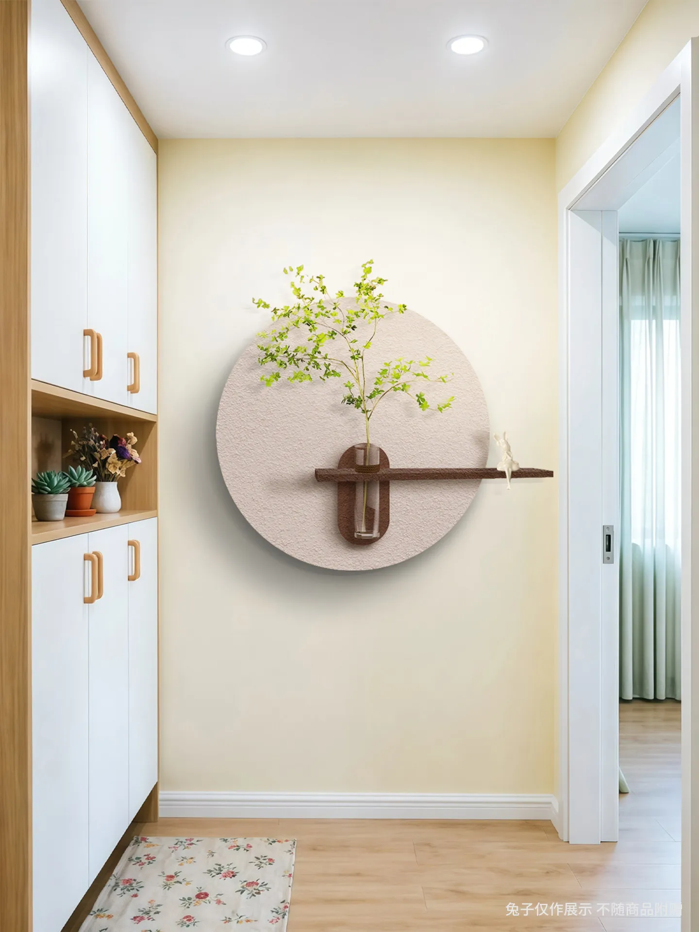 Hydroponic green plant entrance decoration three-dimensional sandstone cream wind circular illuminated mural with lights