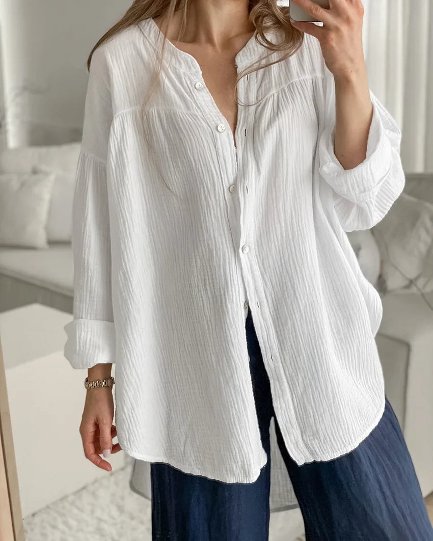 Jyate White Cotton Bubble Crepe Small Stand Collar Tie Long Sleeve Shirt 2025 Street Fashion Button Lace Up Waist Women's Tops