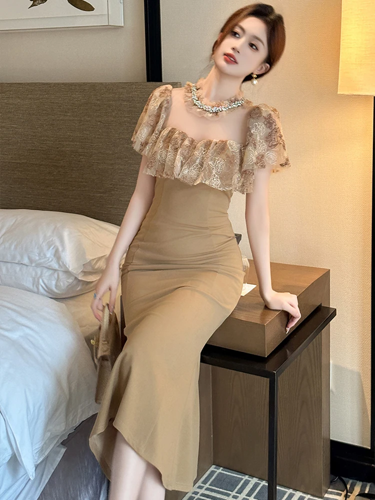 Feminino elegante socialite vestido de noite mulher sexy diamante renda pura malha babados fishtail robe feminino festa banquete vestidos