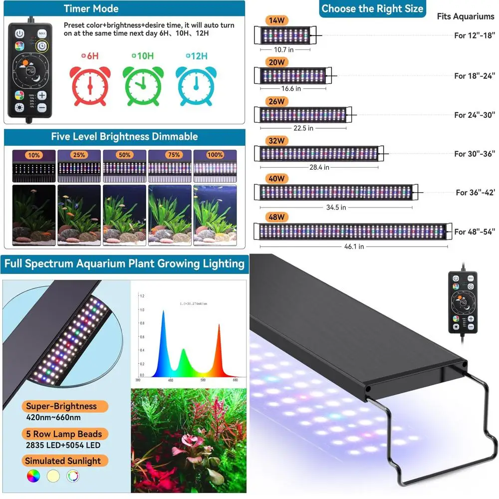 

Светодиодный светильник для аквариумов 24-30 дюймов для пресноводных аквариумов: полный спектр, цикл день-ночь, 7 вариантов цветов, с регулировкой яркости