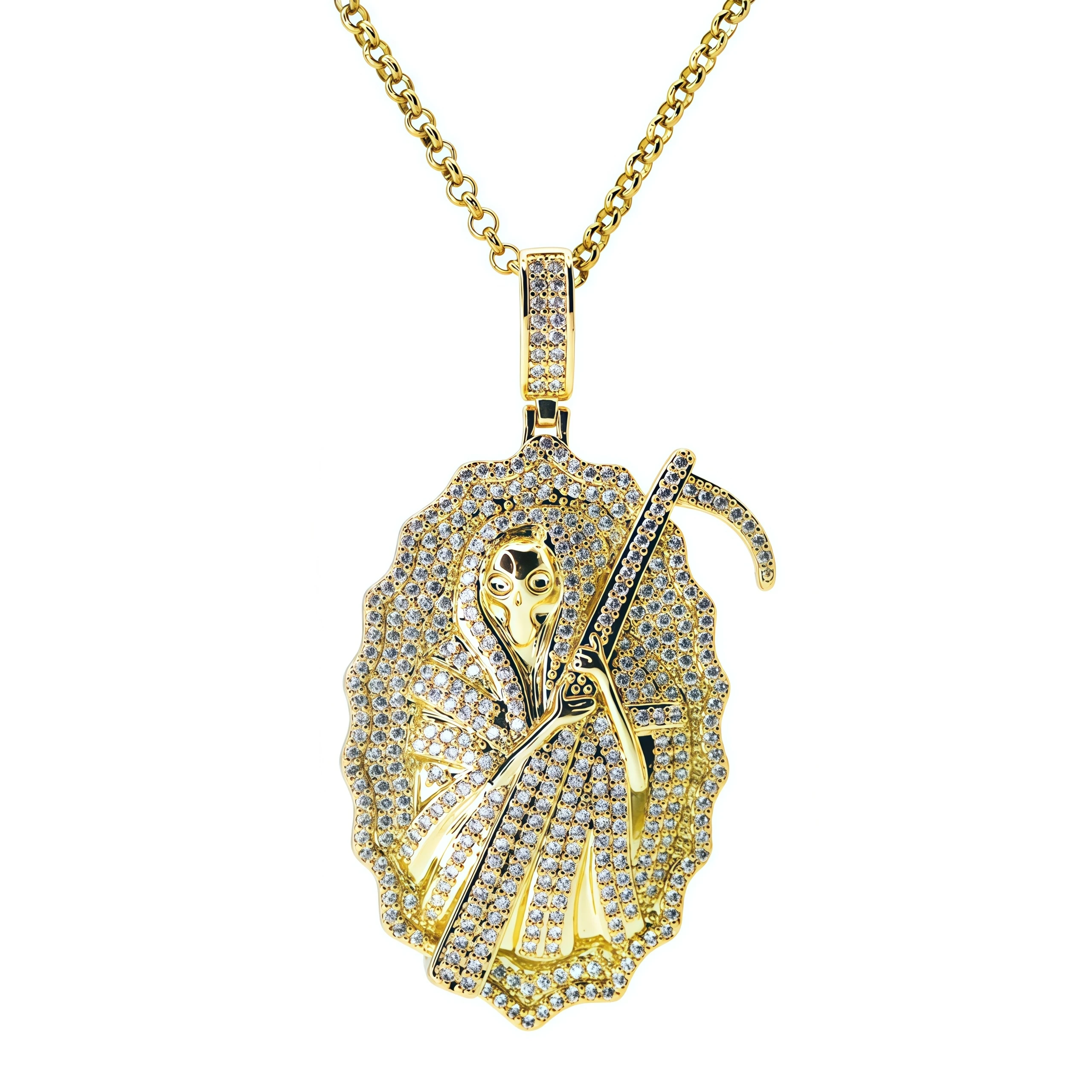 Gold Plated Iced Out CZ Santa Muerte Pendant Necklace Full Paved Grim Reaper Holy Death Religious Hip Hop Jewelry for  Men