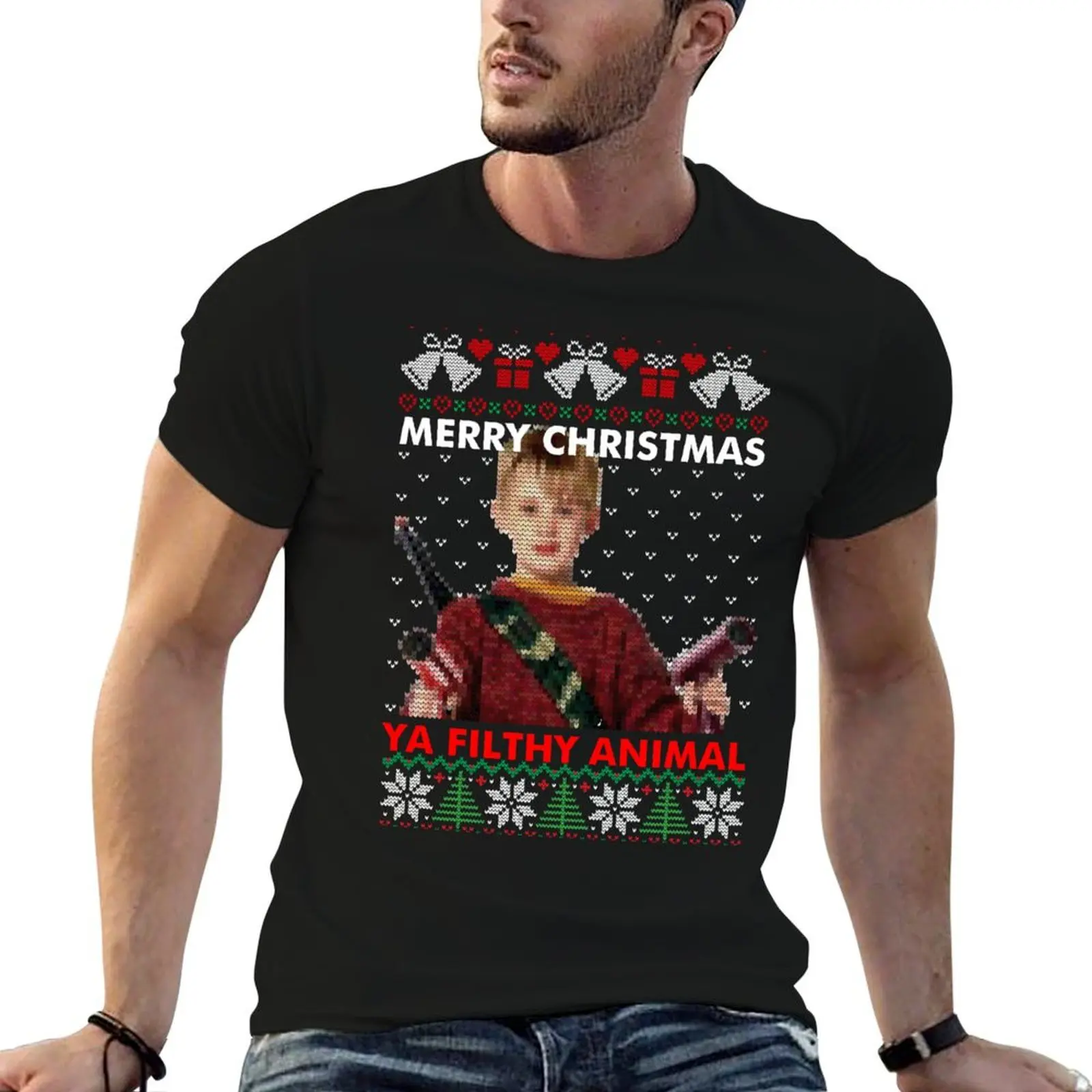 Kevin Feliz Navidad ya sucio animal tejido camiseta hombre Camiseta de algodón camisetas para hombre Camiseta divertida de algodón