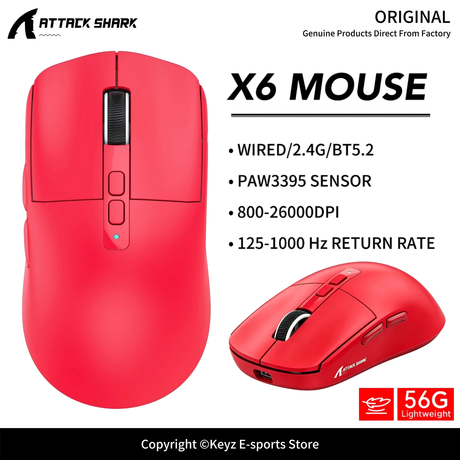 ATTACK SHARK X6 Ultra Lightweight Gaming Mouse PAW3395 26000DPI RGB Charging Base TTC Encoder Tri-Mode Wireless  for Gaming