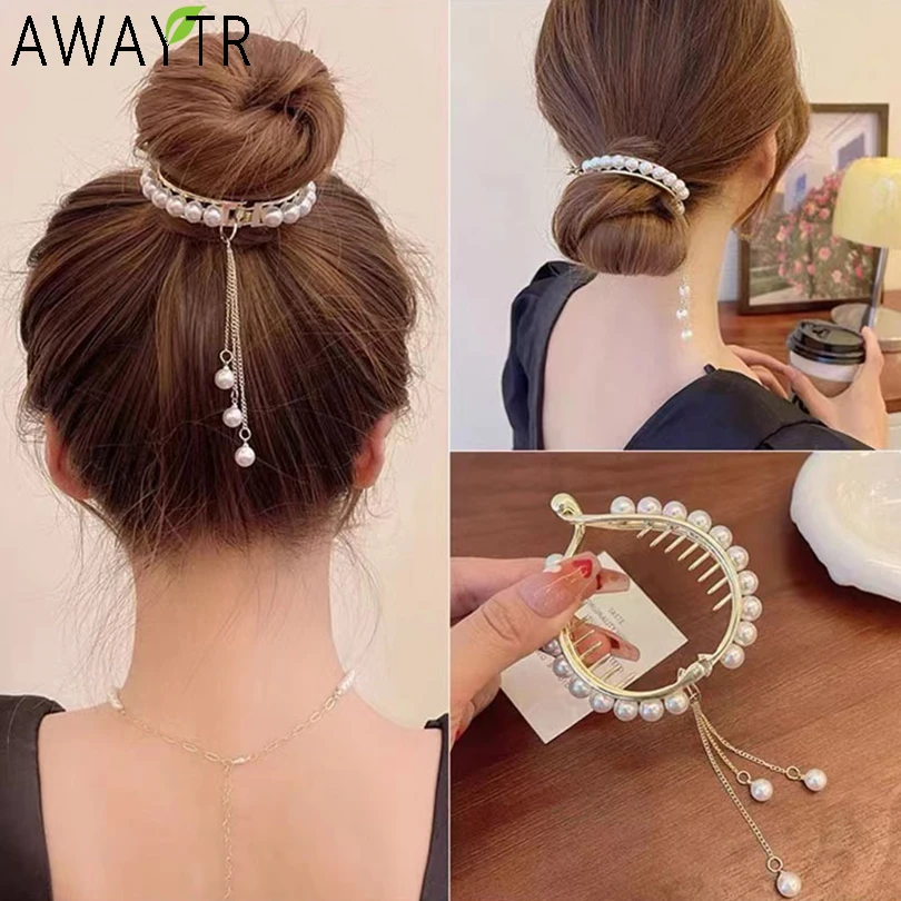 2022 New Women Bun Pearl Rhinestone Hair Claw Clips Horsetail Buckle Ponytail Holder Hair Clip DIY Maker Female Hair Accessories