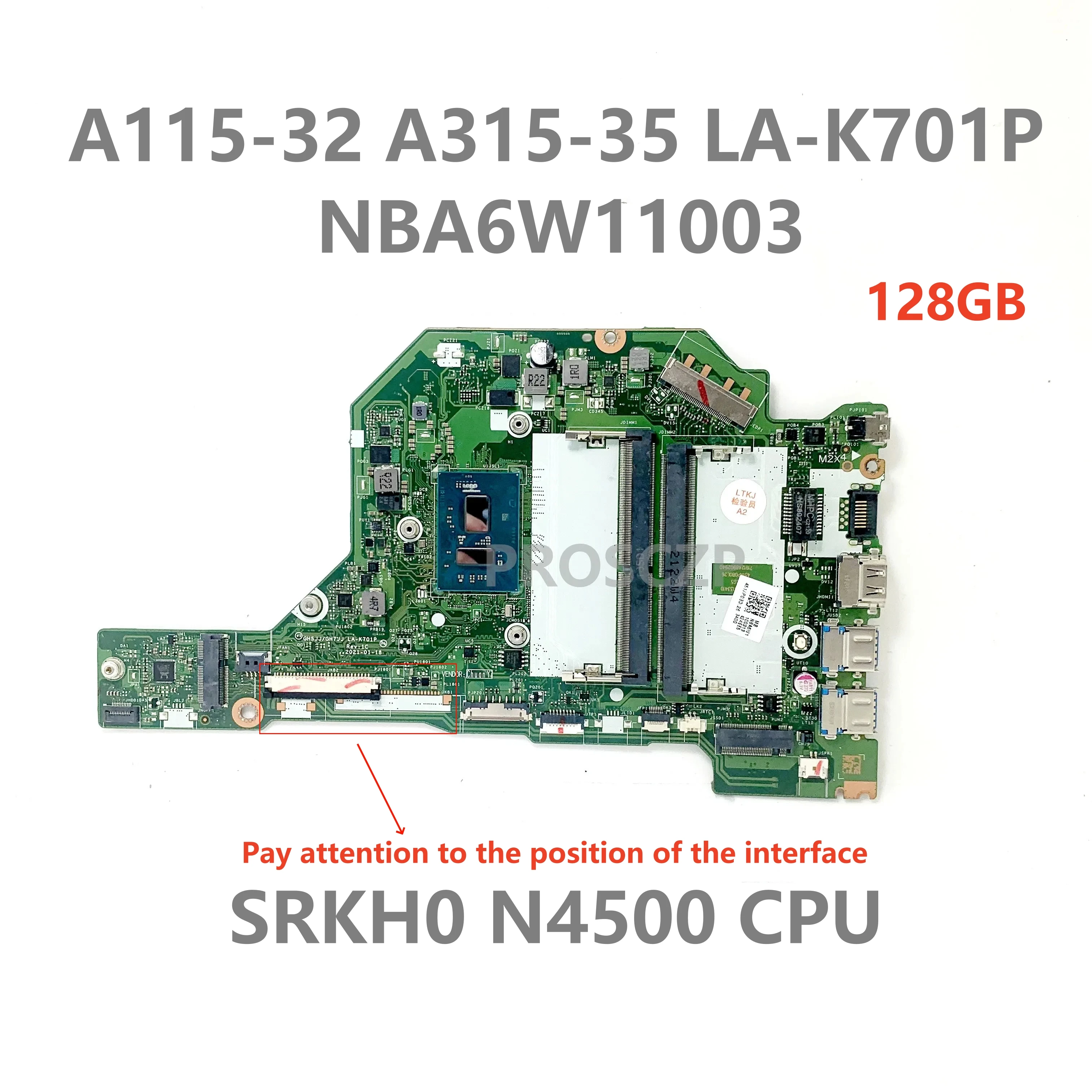 GH5JJ/GH711 LA-K701P For Acer Aspire A115-32 A315-35 Laptop Motherboard NBA6W11003 With SRKH0 N4500 CPU 100% Tested OK