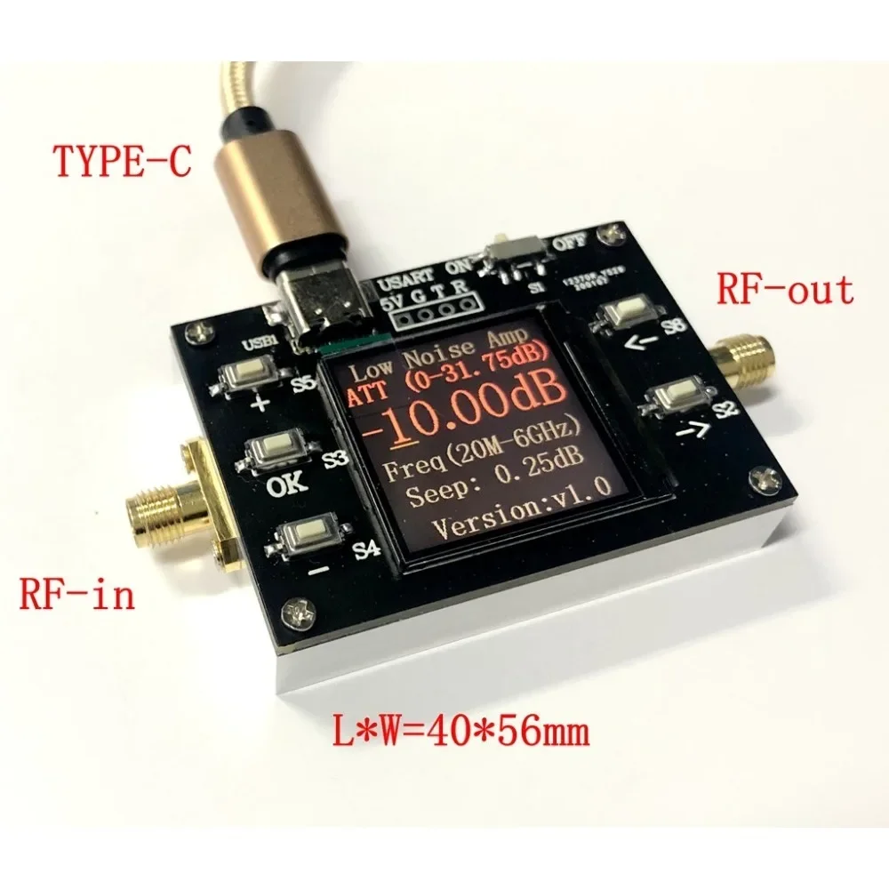 

20MHZ-6GHZ Low Noise Programmable Gain Amplifier 31.75DB Dynamic Range LCD Digital Display with Serial TYPEC Power HAM Radio