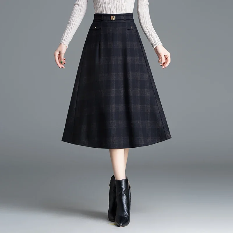 Womens 2024 Autumn/Winter Plaid A-Line Skirt Fashion High Waist Ladies S L XL XXL 3XL Size Female Mid-Calf Skirt