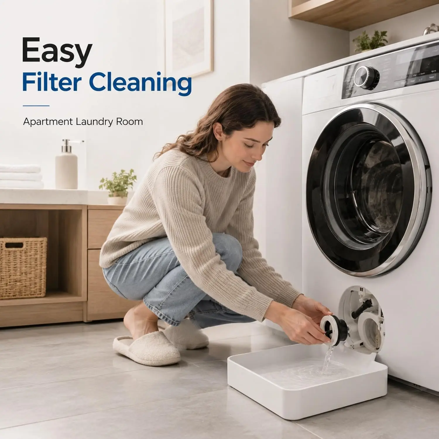 Compact washing machine maintenance drain tray