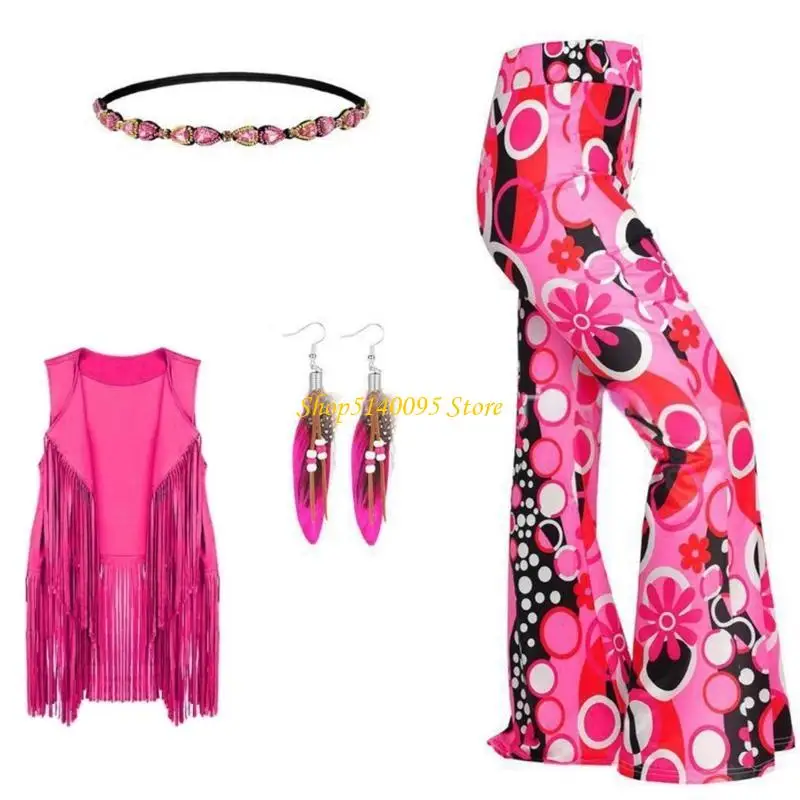 

DXAE 70s Hippie Outfit Fringe Vest Pants Hairband 5Pcs Costume Vest and Pant Earring For Retro Dance Parties Cosplay