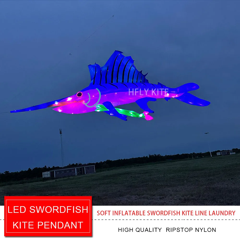New Arrival Soft Inflatable 10m LED Swordfish Kite Pendant for Adults High Quality 40D Nylon Fish Kite Line Laundry with lights